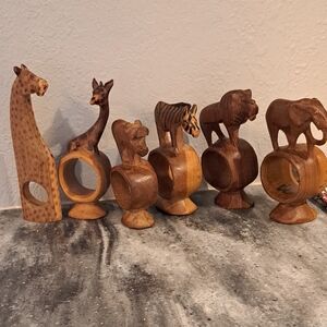 6 Hand Carved African Wooden Animal Napkin Rings Safari Vtg